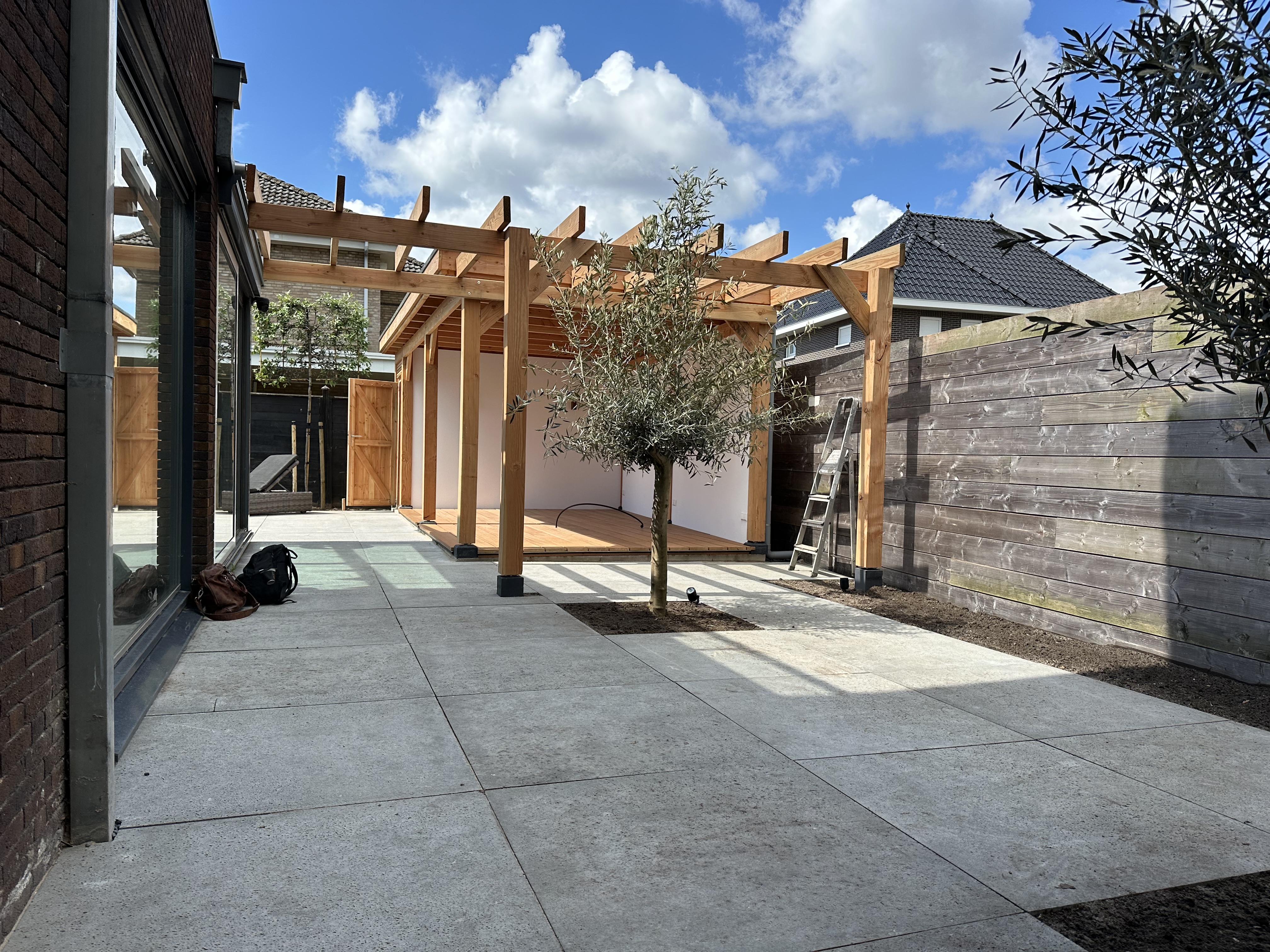 Moderne tuin in aanleg met houten pergola en olijfbomen op grote tegels